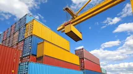 Crane Lifting Container Over Colorful Shipping Stacks