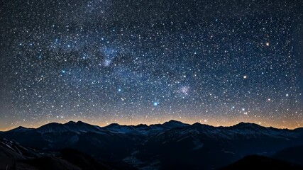The Milky Way stretches across the night sky above a mountain range, illuminated by a faint glow on the horizon