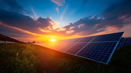 52. A beautiful sunset over a solar farm, symbolizing hope for renewable energy