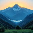 A majestic mountain range bathed in the soft light of sunrise, with a touch of snow on the peak.