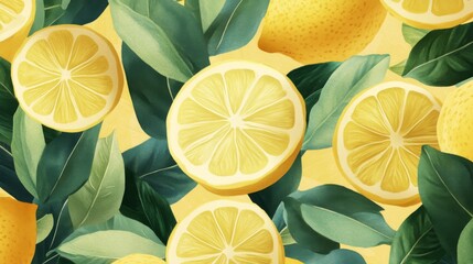 A vibrant pattern of lemons and leaves on a yellow background.