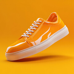 Vibrant glossy orange sneaker on a yellow background, highlighting trendy and stylish casual footwear.