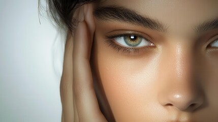 Close-up of a fashion model preparing backstage, makeup artist at work