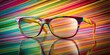© Indigo Studio - A vibrant rainbow-striped pair of glasses rests on a shimmering, iridescent surface, reflecting a kaleidoscope of colors.