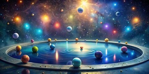 Wall Mural - a circular pool of water reflects the cosmic dance of planets in a starry night sky