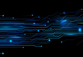 Abstract blue circuit line vector background design on a black background design represents technology and digital design concepts. Vector illustration design