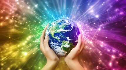 Two hands holding the Earth, surrounded by shining connections and lines. The background is a colorful rainbow, symbolizing hope for a global future and sustainable technology.