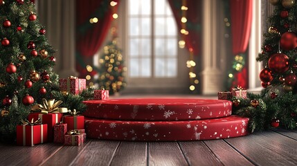 Wall Mural - Red christmas podium with snowflakes pattern displaying product with decorated trees and gift boxes in a classic interior