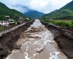 A dramatic view of a river eroding the landscape, showcasing powerful water flow and a rural area affected by environmental changes and flooding.