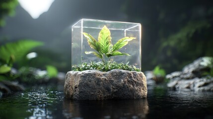 Poster - Glass Cube with Green Plant on Rock in Forest Stream