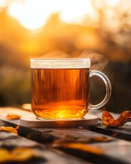 food photography of a clear cup of hot tea in the sunrise light, autumn vibes