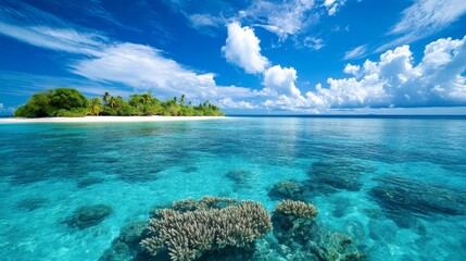 Tropical Island with Clear Blue Water and Coral Reefs