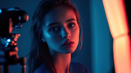 Wall Mural - Woman Posing Under Neon Lights in Studio