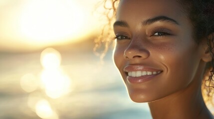 Wall Mural - Portrait of a Smiling Woman with Freckles in Golden Light