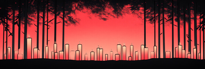 Wall Mural - Silhouettes of trees against a fiery red sky, with candles burning in the foreground.