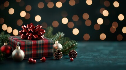 Wall Mural - Festive gift with holiday decorations and bokeh lights