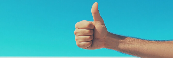 Thumbs up against a bright blue sky.