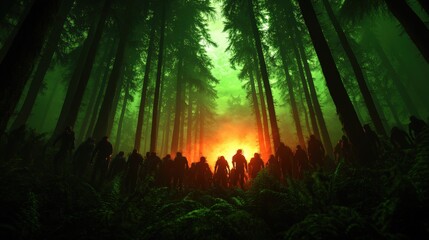 Sticker - Mysterious forest scene with silhouettes and glowing light in background, green ambiance.