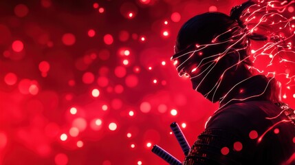 Sticker - Ninja silhouette with glowing lights, artistic red bokeh background