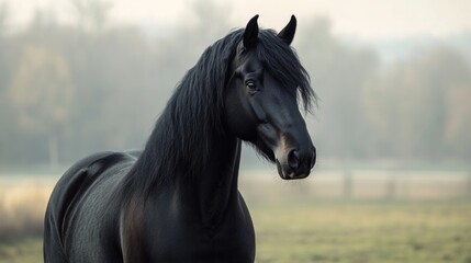 Wall Mural - Black Horse in a Misty Meadow