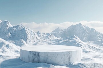 3d render platform and natural winter background, stone podium on the ice snow mountain in daytime f