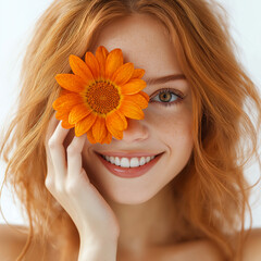 Wall Mural - Portrait young woman holding Flower stem orange Gerbera daisy covering her eye with eyes closed