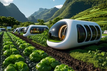 Futuristic image of a self-sustaining rural community with automated farming, renewable energy, and smart homes, symbolizing the future potential of rural innovation