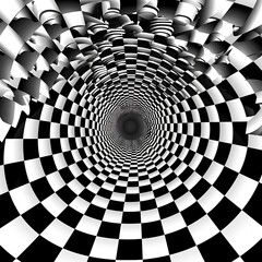 Abstract black and white checkered tunnel.