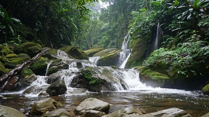 Water fall between large rocks covered in moss in dense rainforest environment