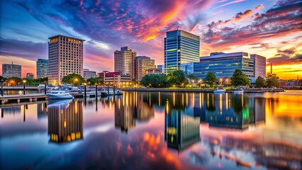 Wall Mural - Vibrant Downtown Norfolk Skyline with Modern Architecture and Scenic Waterfront Views at Dusk