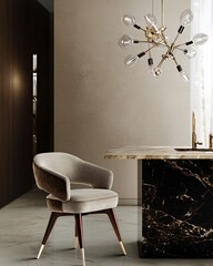 Modern kitchen chair with brown wood legs and a beige upholstered seat, set against a backdrop of a minimalist kitchen island with black marble countertop and a decorative chandelier.