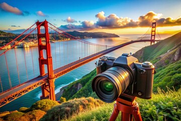 Wall Mural - Vibrant Golden Gate Bridge Clipart with Iconic Structure and Scenic San Francisco Bay Background