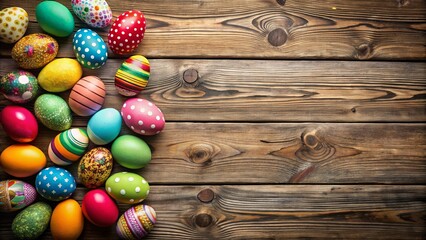 Wall Mural - A collection of vibrantly colored eggs arranged in a delightful pattern against a backdrop of rustic wooden planks.