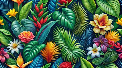 Wall Mural - Vibrant Tropical Seamless Pattern with Lush Leaves, Exotic Flowers, and Colorful Jungle Elements