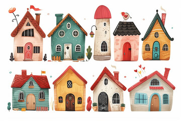 A set of whimsical colorful houses is illustrated in a minimalist style. Each house has its unique design, featuring playful shapes, bright colors, and isolation on a white background.