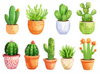 A set of cactus plants in pots clipart showcases a variety of shapes and pot designs. Each cactus has unique characteristics, they are isolated on a white background, perfect for plant-themed designs.