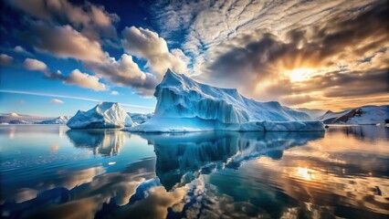 Iceberg floating in arctic waters with dramatic sky and reflection on water's surface, iceberg, arctic, waters, dramatic, sky