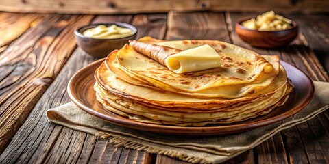 Wall Mural - A stack of golden-brown pancakes, glistening with a pat of butter, rests on a rustic wooden table, inviting a taste of simple comfort and warm satisfaction.