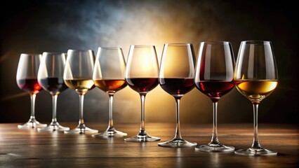 Row of elegant wine glasses with various types of wine, backlit for tasting and degustation , wine, glasses, elegant, backlit