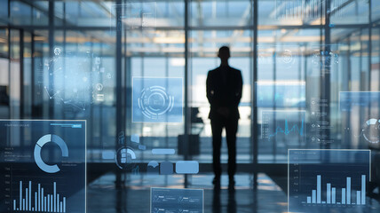 Business professional silhouette with digital interface in modern office