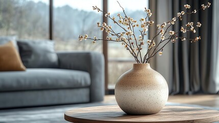 Canvas Print - elegant ceramic vase adorned with blossoming twigs on a minimalist round wooden coffee table set against a contemporary grey sofa and window exuding tranquility and simplicity