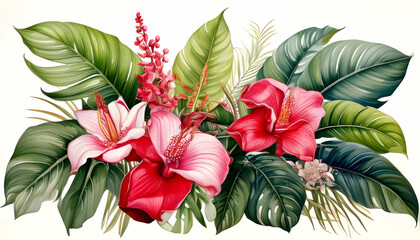 Tropical flowers, banana palm leaf, orchid, anthurium flower isolated white background watercolor botanical illustration ready to bring joy to any space , cartoon drawing, water color style