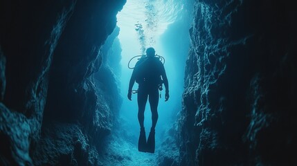 A diver exploring an underwater canyon, surrounded by blue water and rock formations.