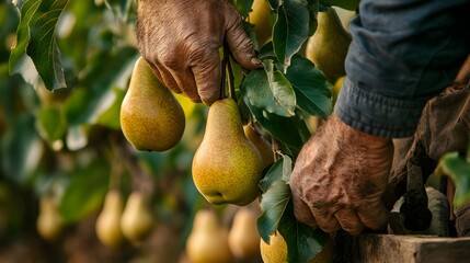 Farmer s Hand Gently Picking Fresh Pears from Orchard Tree in Autumn