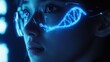 © elimicel - A close-up of a woman with futuristic glasses displaying a glowing DNA strand.