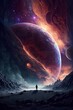 © Ai - Man standing on the surface of the planet. Fantasy space background.
