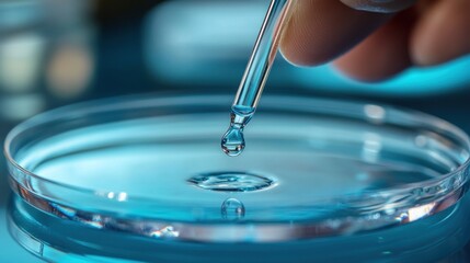 Close-up of a hand holding a pipette over a petri dish, with clear blue liquid being poured into it, symbolizes medical science and research.