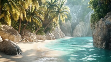 Wall Mural - a serene tropical beach with clear blue water and palm trees, framed by rocky cliffs.