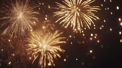 Bright fireworks illuminate the night sky during a festive celebration in a lively urban setting