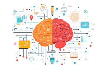 image depicts colorful illustration of brain divided into two hemispheres, surrounded by various dat